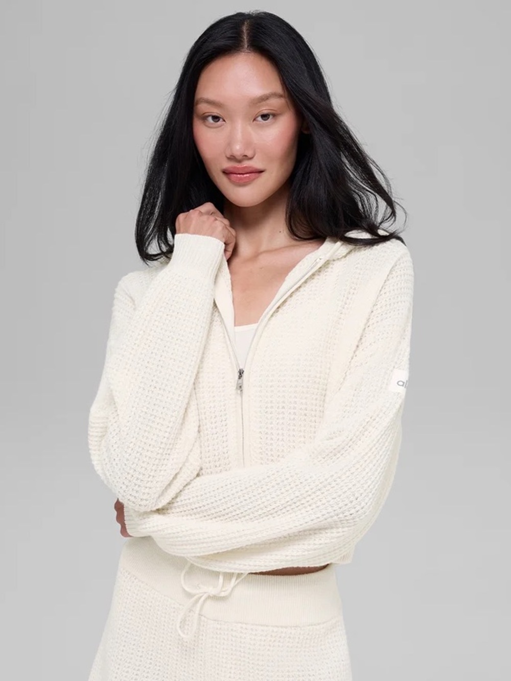 ALO Yoga Cashmere Plush Waffle Full Zip Hoodie in Ivory - XS